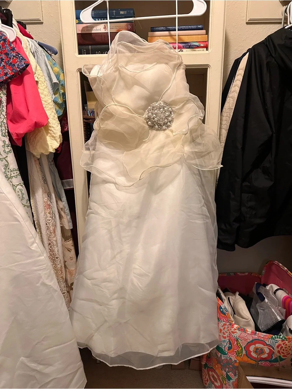Anthropologie Strapless Ivory Organza Floral-Bodice Midi Dress